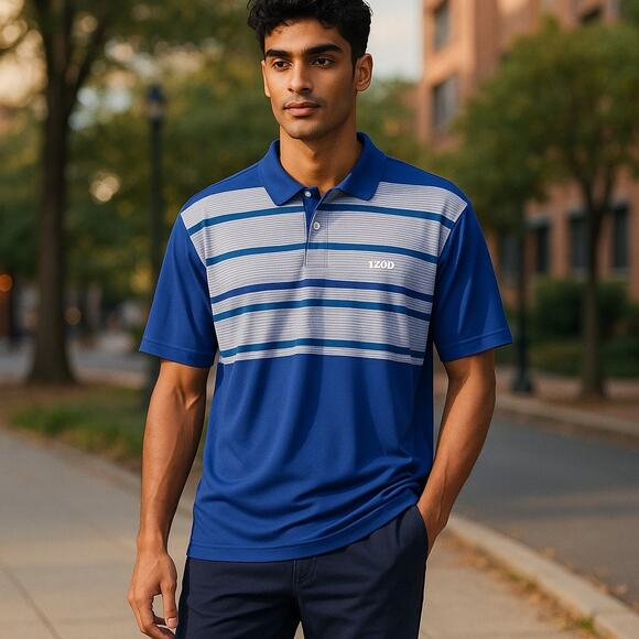 Izod Golf Men's Polo Shirt - Blue, White, and Green - Large - Picture 1 of 8